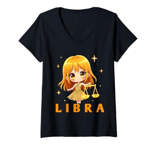 Damen Anime Libra Girl Astrologie T-Shirt mit V-Ausschnitt Damen Anime Libra Girl Astrologie T-Shirt mit V-Ausschnitt von Zodiac Sign Libra Girl Cute Chibi Style