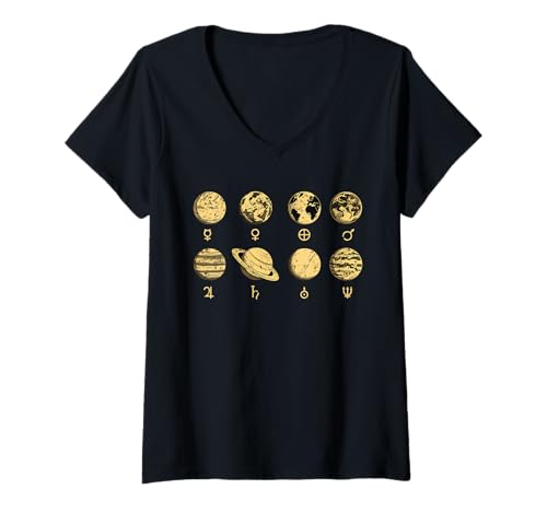Damen Vintage Sternzeichen Planeten Goldene Astronomie Symbole Retro Stil T-Shirt mit V-Ausschnitt von ZodiacPrints