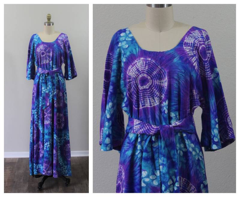 Vintage 1970Er 70Er Jahre | Zwei Kartoffeln California Blau Lila Krawatte Gefärbt Kaftan Hippie Boho Maxi Kleid Glöckchen Ärmel 2 4 Xs S von ZodiacVintageCo