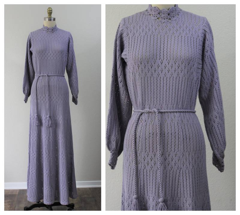 Vintage 60Er 1970Er Miss Jo Ann Lavendel Pointelle Gürtel Maxi Kleid Hervorragend 6 8 10 Medium von ZodiacVintageCo