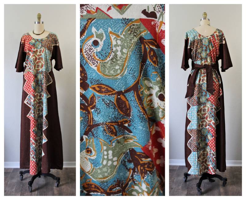Vintage 70Er Zwei Kartoffel Laguna Beach Boho Patchwork Baumwolle Kimono Kaftan Maxi Sonnenkleid Glöckchenärmel von ZodiacVintageCo