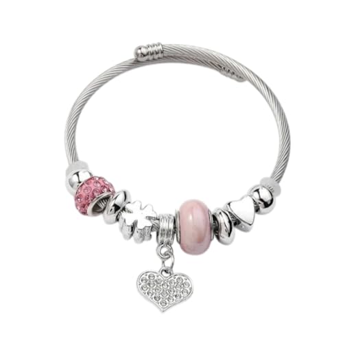 Zoe's Jewelry Edelstahl-Charm-Armband, 20,3 - 22,9 cm, verstellbarer Armreif mit Schmetterlings-Charms, Silber, mehrfarbig (35. Kleeblatt-Herz-Anhänger, Rosa) von Zoe's Jewelry