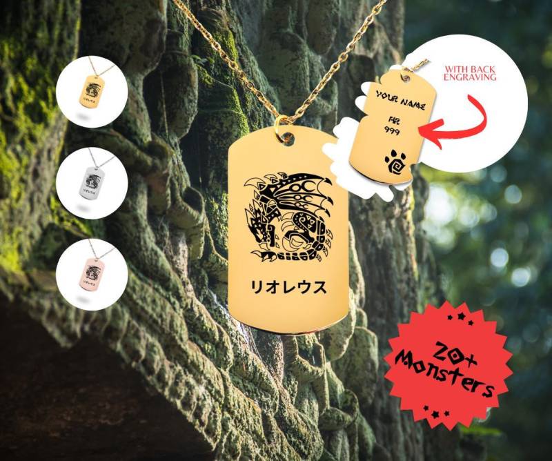 Custom Monster Hunter Necklace With & Kanji & Optional Back Engraving Personalized Name | Military Dog Tag Style von ZoeBellAndCottonCats