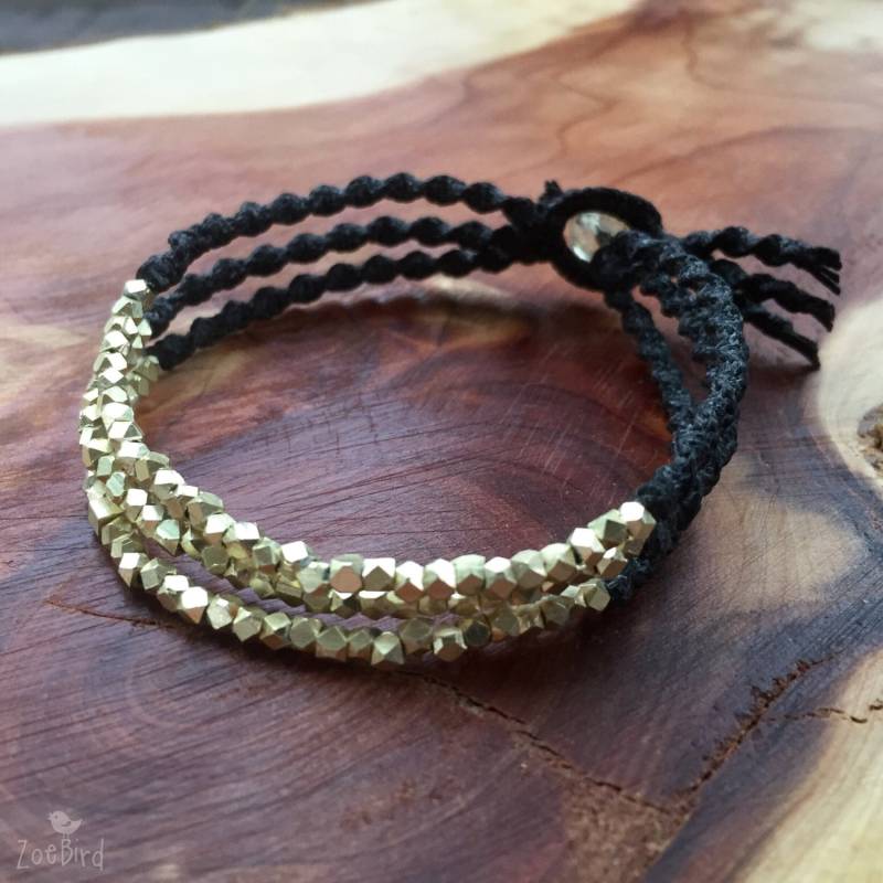 14K Gold Armband - Nugget Makramee Schmuck Multistrang Und Schwarzes von ZoeBirdDesigns