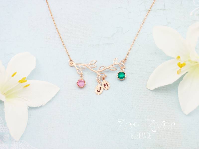 Personalisierte Halskette Mit Anfangs - Und Geburtsstein. Stammbaum Halskette. Silberne, Goldfarbene Oder Roségoldene, Zierliche Blatt von ZoeRiverElegance