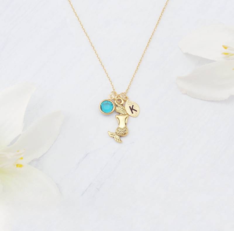 Personalisierte Meerjungfrau Geburtsstein Halskette. Wählen Sie Silberne Oder Goldene Elegante Und Zierliche Halskette Mit Gravierten Initialen von ZoeRiverElegance