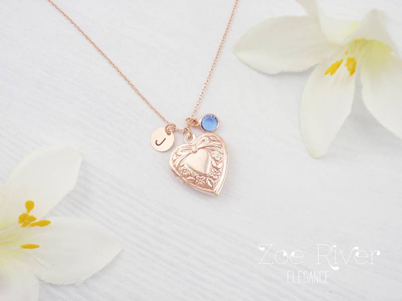 Personalisierte Rose Gold Herz Medaillon Halskette. Geburtsstein Initial Monogramm von ZoeRiverElegance