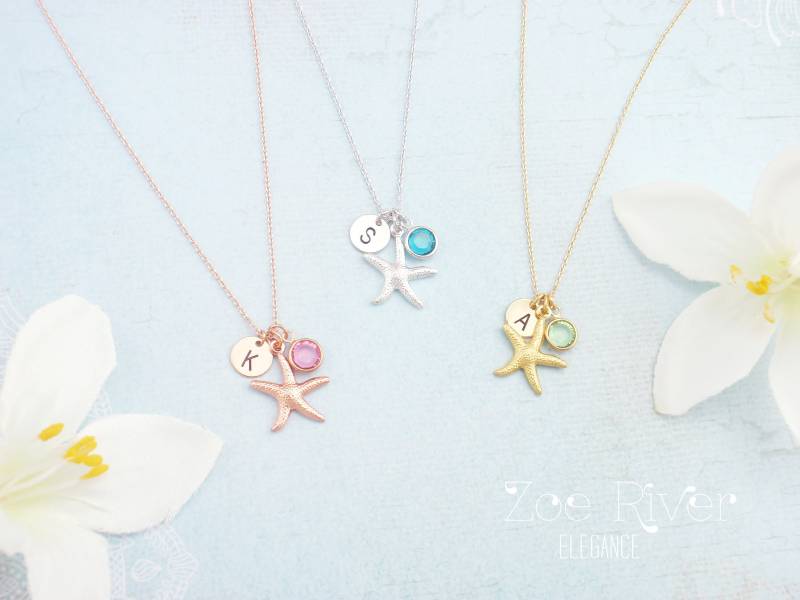 Personalisierte Seestern Geburtsstein Halskette. Zierliche Halskette Mit Initialen. Monogramm Rose Gold von ZoeRiverElegance