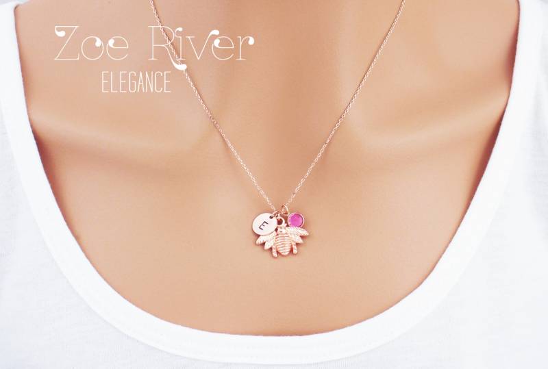 Roségoldene Honigbiene Halskette. Personalisierte Halskette Mit Geburtsstein Und Honigbiene. Biene von ZoeRiverElegance