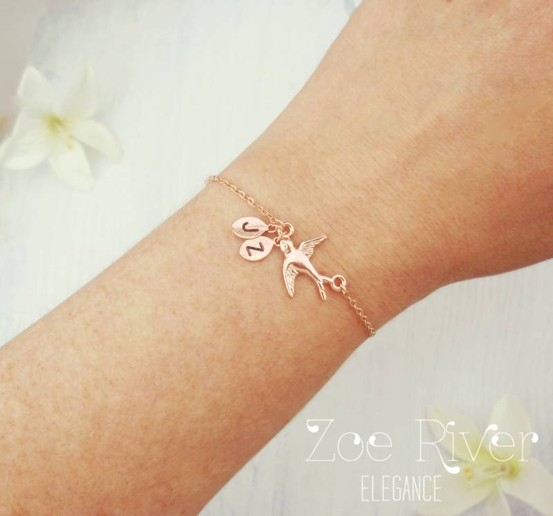Wähle Roségold, Silber Oder Gold Personalisierte Initialen Vogel Armband, Zierliche Fliegende Armband. Personalisiertes Initial Armband von ZoeRiverElegance