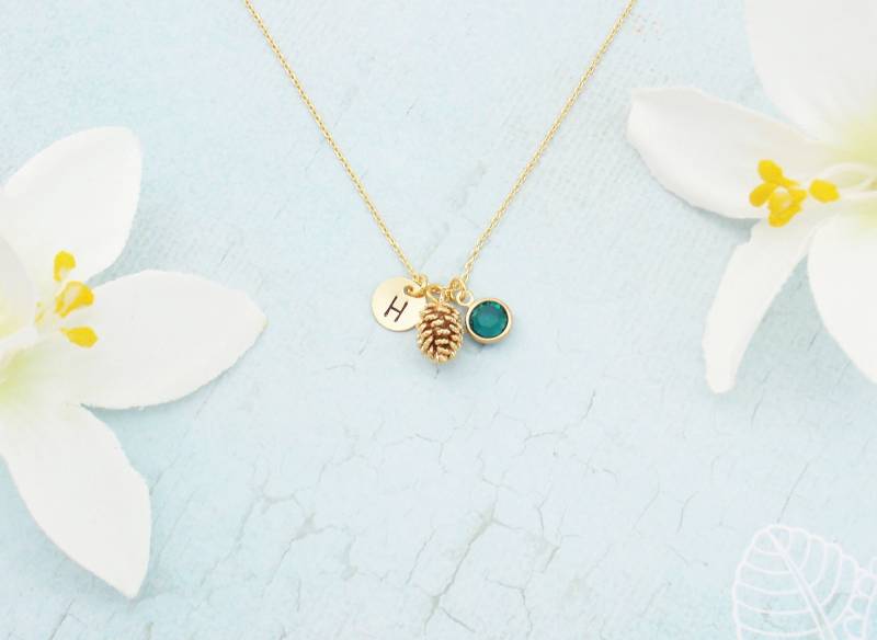 Wählen Sie Eine Goldene Oder Silberne Tannenzapfen-Halskette. Personalisierte Initialen Und Geburtsstein Halskette. Silber Tannenzapfen. Herbst von ZoeRiverElegance