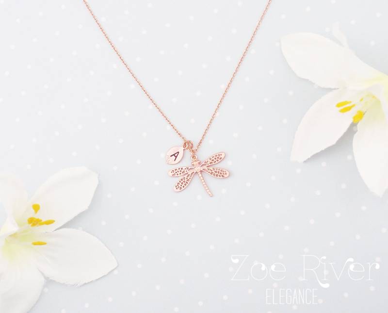 Wählen Sie Silber Oder Roségold Libelle Personalisierte Initiale, Halskette. Personalisierte Libellenkette. Roségoldene Halskette Mit Initialen von ZoeRiverElegance