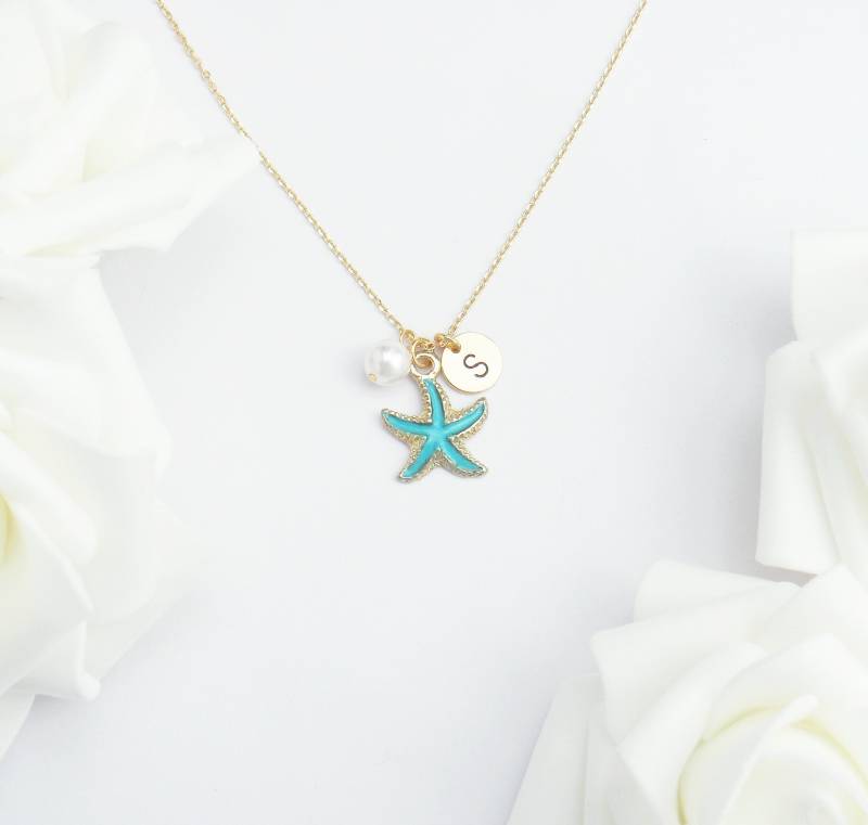 Zarte Seesternkette, Zierliche Halskette Mit Initial Und Perlen. Türkis, Blush Rosa, Pfirsich, Hellgrün Gold Seestern von ZoeRiverElegance