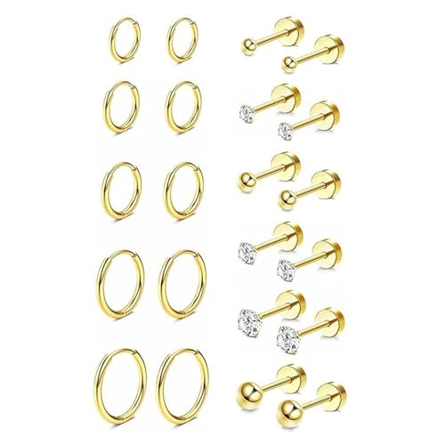Ohrringe Gold, Ohrstecker Gold 10 Paar für Frauen, Hypoallergene Chirurgenstahl Ohrringe Zirkonia Klein Knorpel Ohrstecker Set Helix Tragus Piercing Ohr Schmuck von ZoeWei