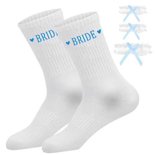ZoeWei Brautgeschenk Hochzeit, 4 Stück Blaue Weiße Brautsocken Weisses Strumpfband Spitzenärmel mit Schleife und Elastischer Spitze Hochzeitssocken Gastgeschenke für Braut Etwas Blaues Brautparty von ZoeWei
