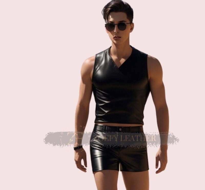 Ärmelloses Shirt Aus Echtem Leder Und Shorts Handgefertigte Schwarze Slim Fit-Weste von ZoefyLeather