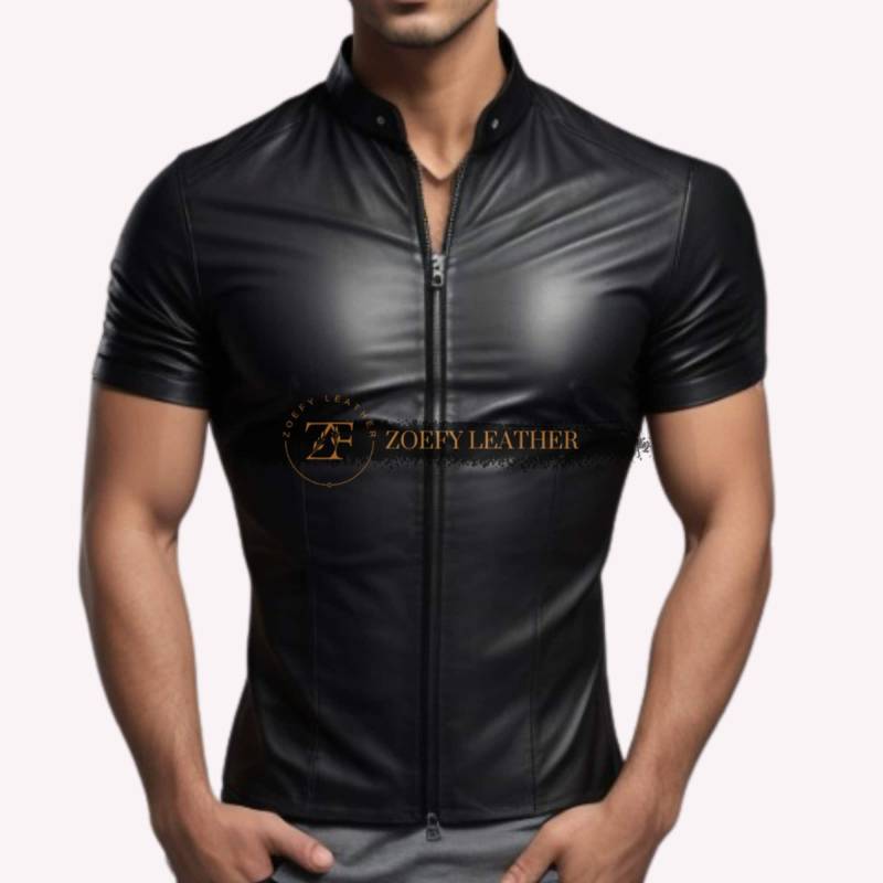 Echtes Schafleder Herren Halbarmhemd Handgefertigtes Slim Fit Bikerhemd von ZoefyLeather