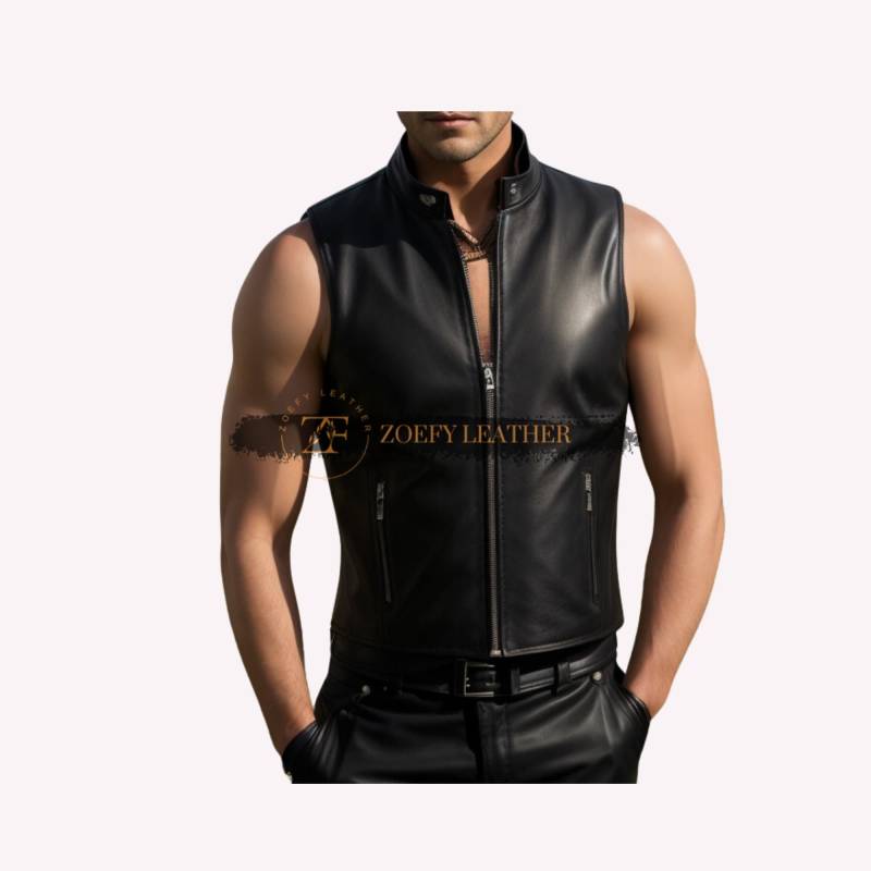 Echtes Schafleder Herrenweste, Handgefertigte Schwarze Schafsleder Bikerweste, Benutzerdefinierte Größe Reißverschlussweste, Geschenk Für Ihn von ZoefyLeather