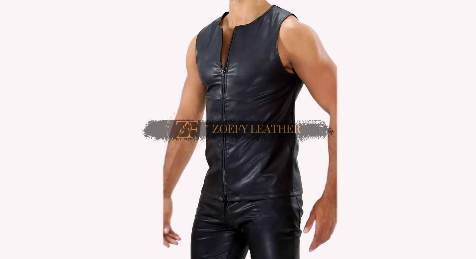 Handgefertigtes Ärmelloses Shirt Aus Echtem Leder Für Herren Zipper Gym Top von ZoefyLeather
