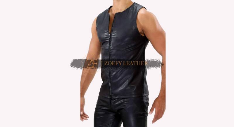 Handgefertigtes Ärmelloses Shirt Aus Echtem Leder Für Herren Zipper Gym Top von ZoefyLeather