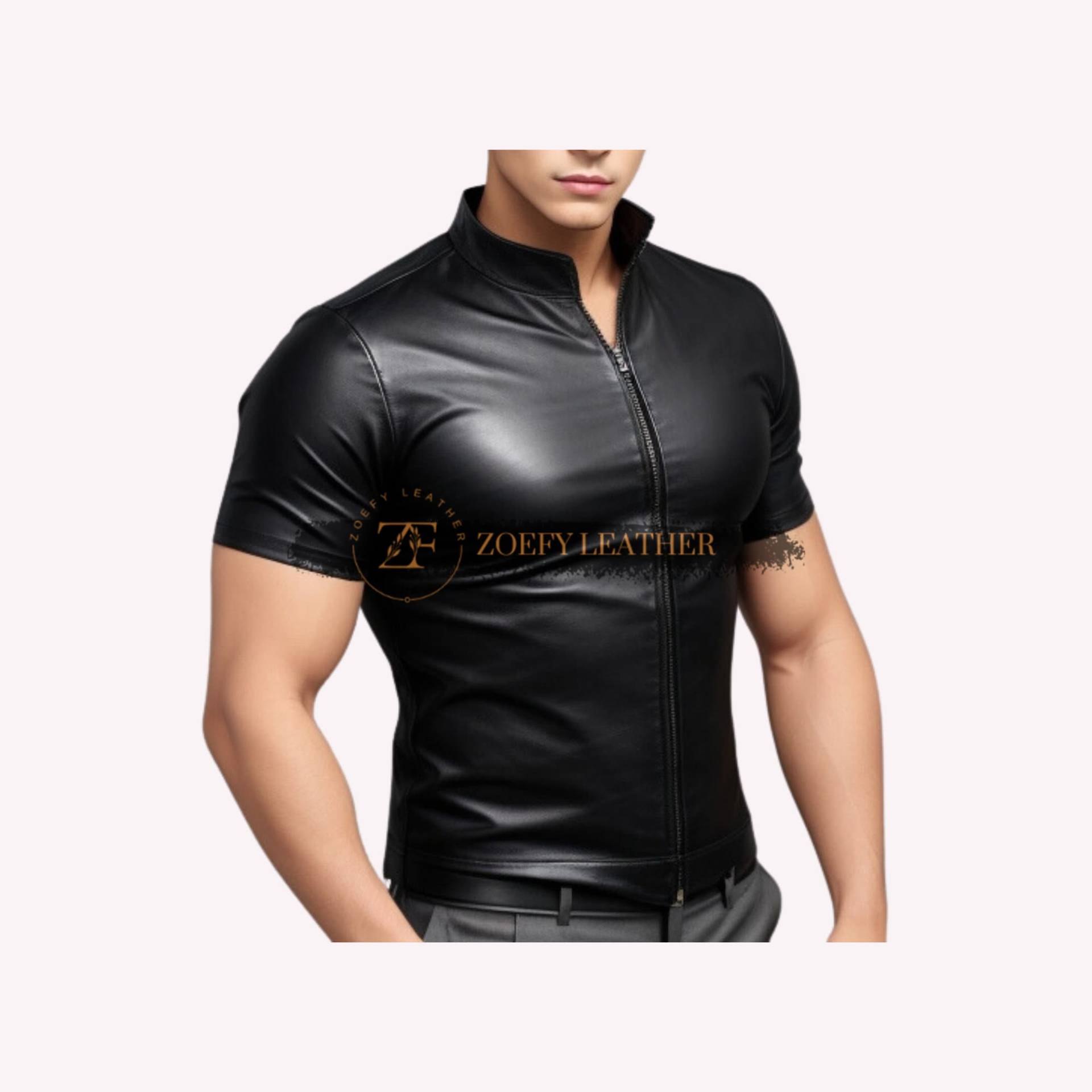Handgefertigtes Echtleder Herren Halbarm Hemd Schwarzes Leder T-Shirt von ZoefyLeather