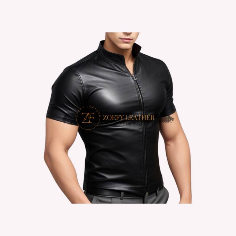 Handgefertigtes Echtleder Herren Halbarm Hemd Schwarzes Leder T-Shirt von ZoefyLeather