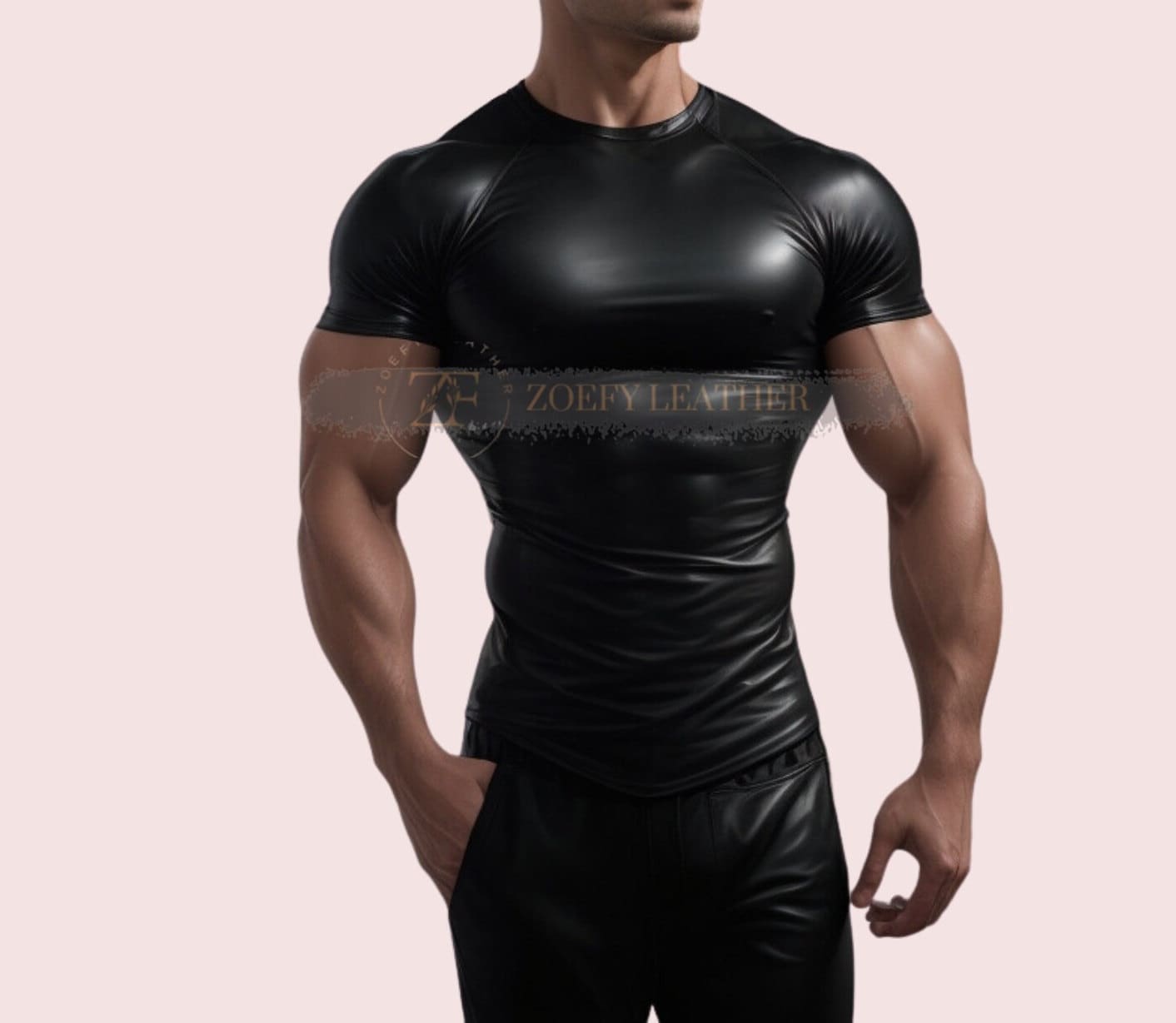 Handgefertigtes Echtleder Herren Slimfit Shirt Schwarzes Halbarm-T-Shirt von ZoefyLeather