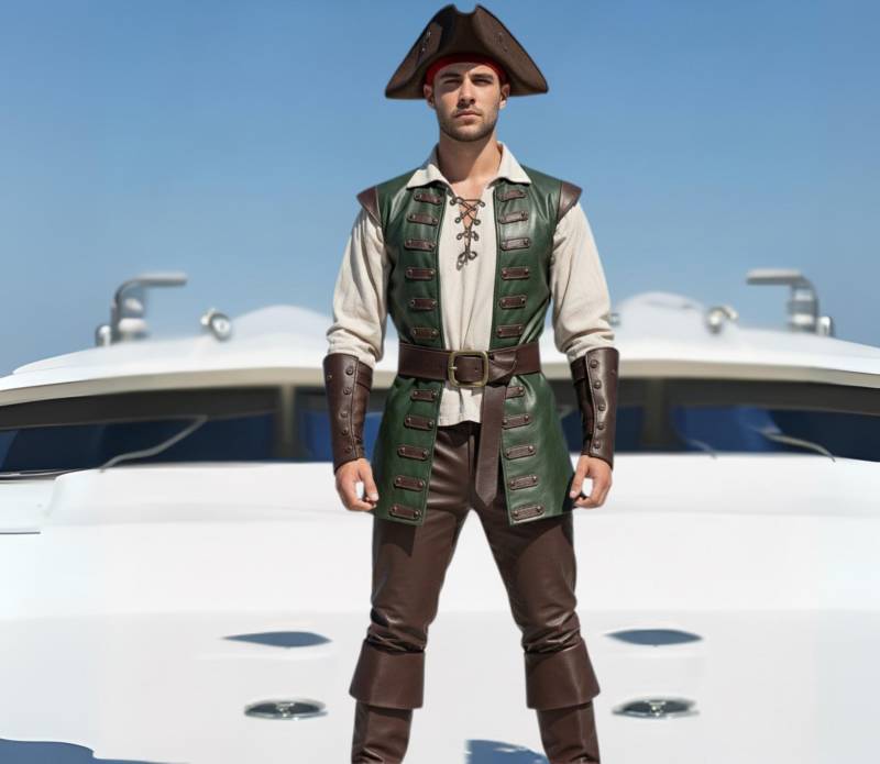 Herren Echtleder Pirat Kostüm | Grüner Mantel, Hose & Gürtel von ZoefyLeather