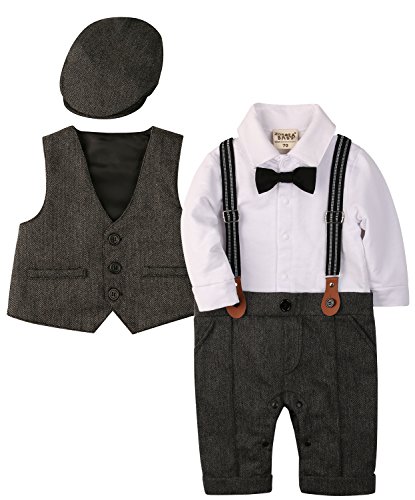 Zoerea 3tlg Baby Jungen Bekleidungssets Strampler + Weste + Hut Fliege Krawatte Anzug Gentleman Festliche Taufe Hochzeit Langarm Baby Kleikind- Gr. Etikette 80 (ca.6-12 monate), Grau 013 von ZOEREA