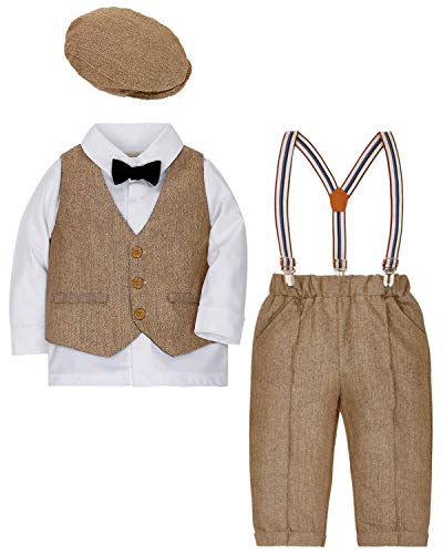 ZOEREA 4tlg Baby Jungen Bekleidungssets Hemd + Hose + Weste + Hut Fliege Krawatte Kinder Anzug Gentleman Festliche Hochzeit Langarm Body für Frühling Herbst von ZOEREA