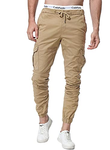 ZOEREA Jogger Cargo Herren Chino Jeans Hose Elastische Taille Gürtel mit Taschen, Braun(verbesserte Version), XXL von ZOEREA