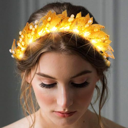 Zoestar Beleuchtetes Hochzeits-Stirnband, LED-Blatt-Stirnbänder, Göttin, Kopfschmuck, Perlen, Braut-Haarschmuck für Frauen von Zoestar