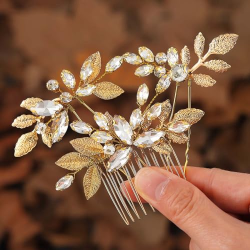 Zoestar Blatt Braut Hochzeit Haarnadeln Gold Strass Haarteil Braut Haarkämme Hochzeit Haarschmuck für Frauen und Mädchen (3 Stück) von Zoestar