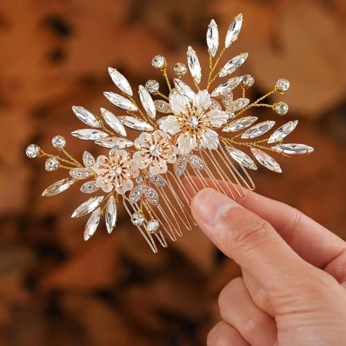 Zoestar Blumen-Braut-Hochzeits-Haarkamm, goldener Strass-Kopfschmuck, Brautkristall-Blatt-Haarschmuck für Frauen und Mädchen von Zoestar