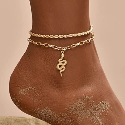 Zoestar Boho Doppel-Fußkettchen, Gold, Schlangenanhänger, Knöchelarmband, verdrehte Fußkette, Schmuck, Barfuß-Sandalen für Damen und Mädchen von Zoestar