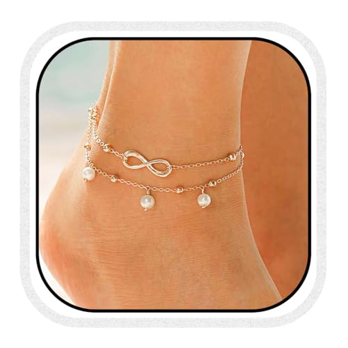 Zoestar Boho Doppel-Fußkettchen, Gold-Perlen-Fußkettchen, Perlenkette für immer, Fußschmuck für Frauen und Mädchen von Zoestar