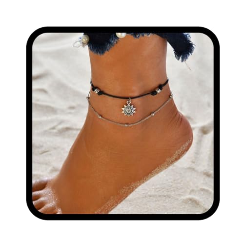 Zoestar Boho Doppel-Fußkettchen Silber Sonnenblume Fußkettchen Armbänder Perlen Knöchel Schmuck für Frauen und Mädchen von Zoestar