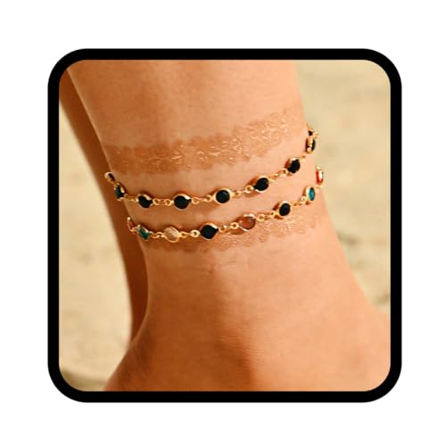 Zoestar Boho Doppellagige Fußkettchen Gold Strass Fußkettchen Strand Kristall Fußketten für Frauen von Zoestar