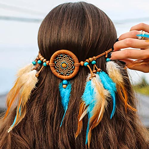 Zoestar Boho-Feder-Stirnband, indischer Zopf, Traumfänger, Kopfschmuck, Hippie, Vintage, Kopfkette, Schmuck, Partys, Kostüm, Haarschmuck für Damen und Mädchen von Zoestar