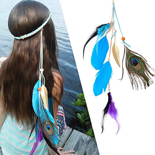 Zoestar Boho Feder Stirnband Vintage Pfau Kopfbedeckung Hippie Kopfkette indisches Festival Haarschmuck für Frauen und Mädchen (blau) von Zoestar