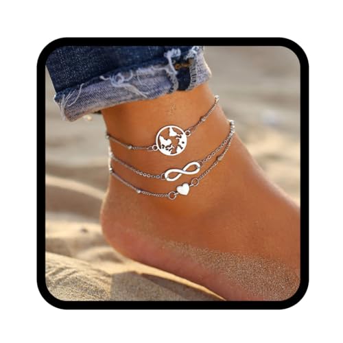 Zoestar Boho-Fußkettchen, mehrlagig, silberfarben, Herz-Design, Landkarte, Strand, Fußkette für Damen und Mädchen von Zoestar