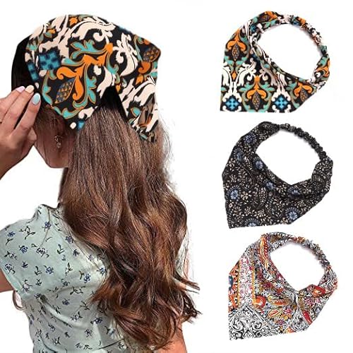 Zoestar Boho-Kopftuch-Stirnbänder, Vintage-Chiffon-Haargummis, bedruckte Haarschals, elastisches Dreieck-Haarband, Turban-Haarschmuck für Frauen und Mädchen, 3 Stück (B) von Zoestar