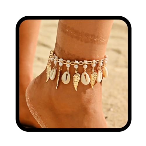 Zoestar Boho-Muschel-Fußkettchen, Blattgold-Knöchelarmbänder, Perlen-Strand-Fußkette für Damen von Zoestar