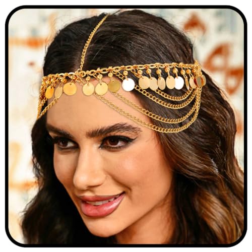 Zoestar Boho-Pailletten-Kopfkette, goldfarbene Quaste, geschichtetes Stirnband, Braut-Kopfschmuck, Festival-Haarschmuck für Frauen und Mädchen von Zoestar