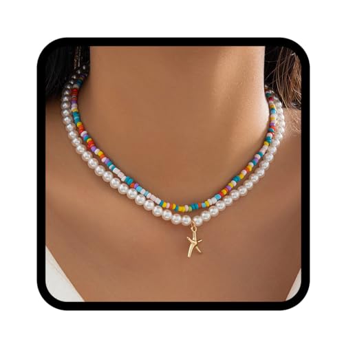 Zoestar Boho-Perlen-Halskette mit Gold-Seestern-Anhänger, Choker-Halsketten, Perlen-Strand-Halskette für Damen von Zoestar
