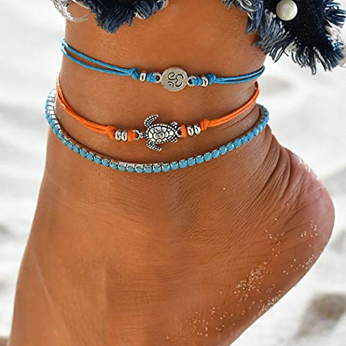 Zoestar Boho Schildkröte Fußkettchen geschichtete Fußkettchen Armbänder Strand Blau Perlen Knöchel Schmuck für Frauen und Mädchen von Zoestar