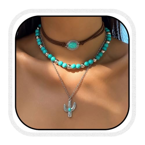 Zoestar Boho Türkis Choker Halskette Silber Layered Kaktus Anhänger Halsketten Perlen Strand Halskette Kette für Frauen, Einheitsgröße, /, Kein Edelstein von Zoestar