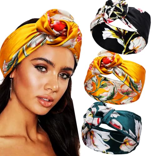 Zoestar Boho breites Turban-Stirnband Blumen bedrucktes Haarband verstellbarer Draht Turban Headwrap modische Haarbandanas für Frauen und Mädchen (3 Stück) von Zoestar