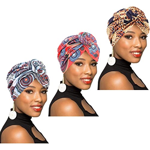 Zoestar Boho afrikanische Turbane vorgebundene Knoten Motorhaube Beanie Cap Leopard Headwraps Schlaf Turban Caps für Frauen und Mädchen (3 Stück) (A) von Zoestar