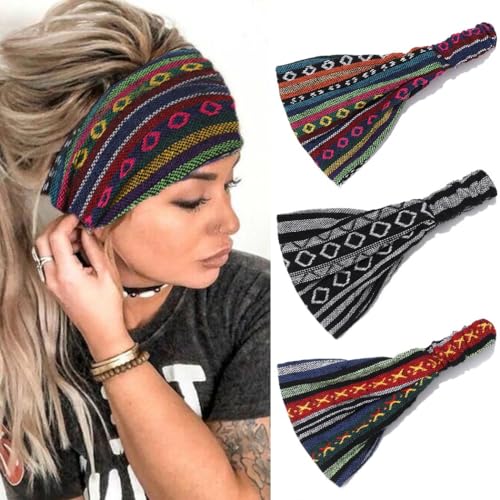 Zoestar Boho breite Stirnbänder, gestreift, Turban-Kopfwickel, Vintage, elastische Kopftücher, stilvolle Haarbänder für Frauen und Mädchen (3 Stück) (A) von Zoestar